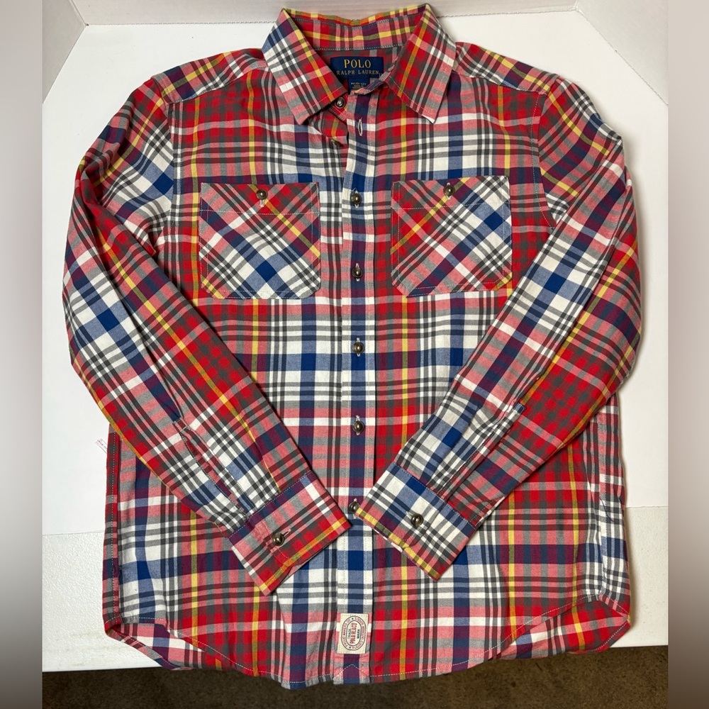 Polo Ralph Lauren Boy Medium Plaid Button Up Shirt Long Sleeve Red Blue